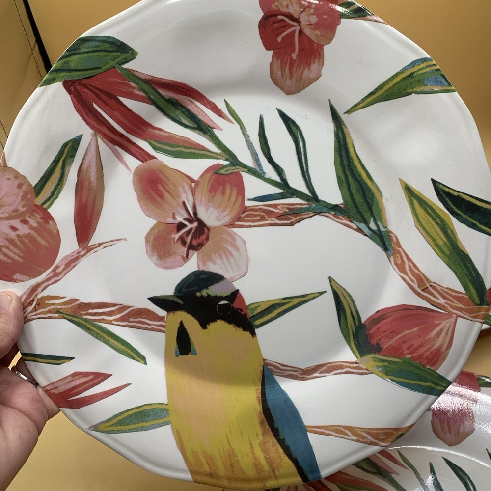 4 Opal House Melamine Tropical Bird Floral Pink  11" Dinner Plates Excellent - Picture 5 of 6